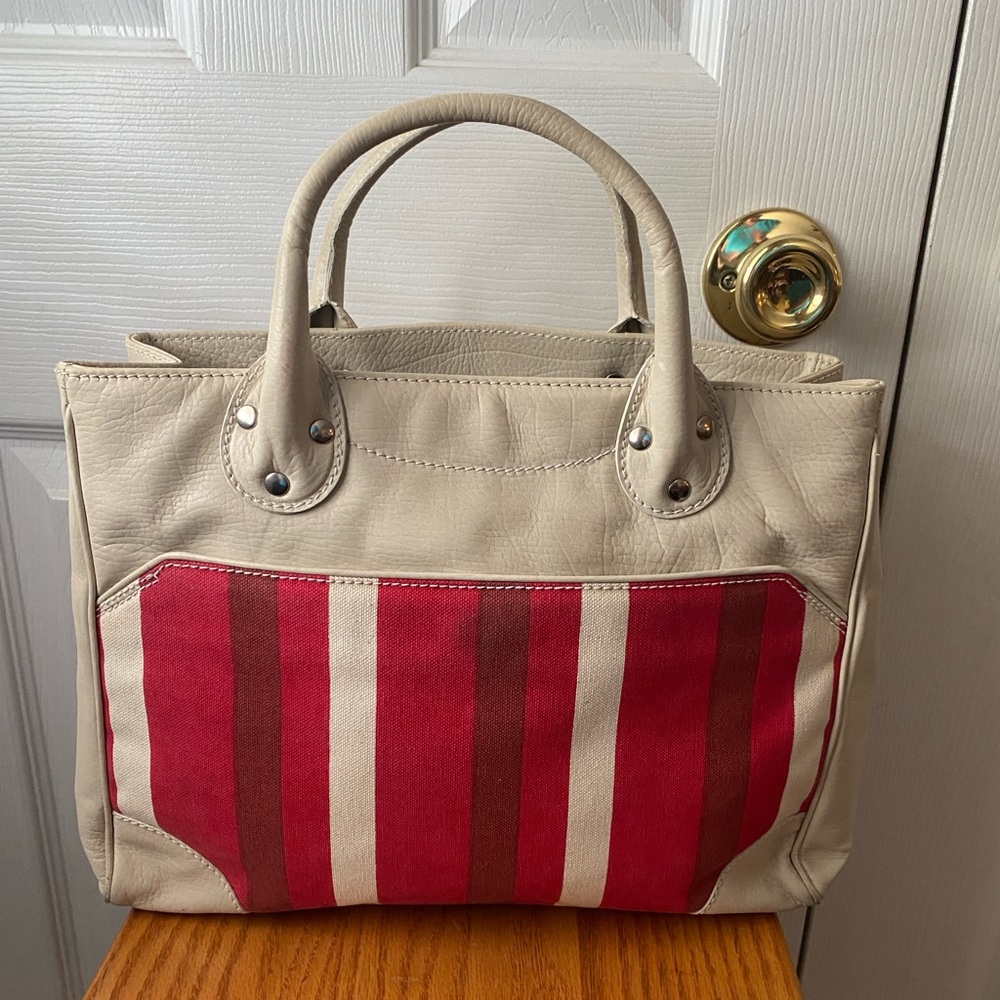 sigerson morrison Cream Leather Red Striped Canvas Satchel Handbag